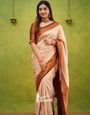 Cream & Maroon Pure Kanjivaram Silk With Twirling Blouse Piece