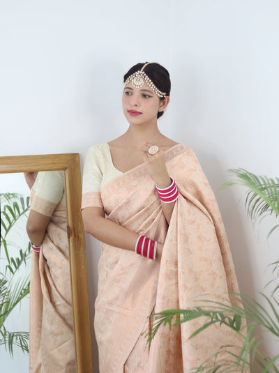Cream Shades beautiful Flower Pure Satin Silk Saree With Designer Blouse - Almaari Fashion