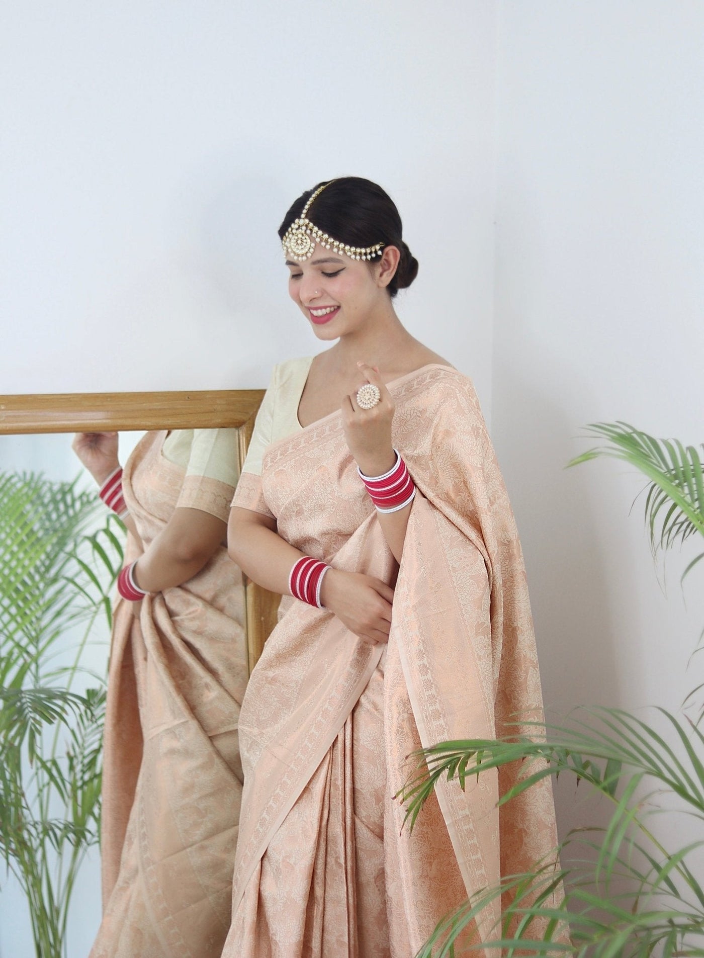 Cream Shades beautiful Flower Pure Satin Silk Saree With Designer Blouse - Almaari Fashion