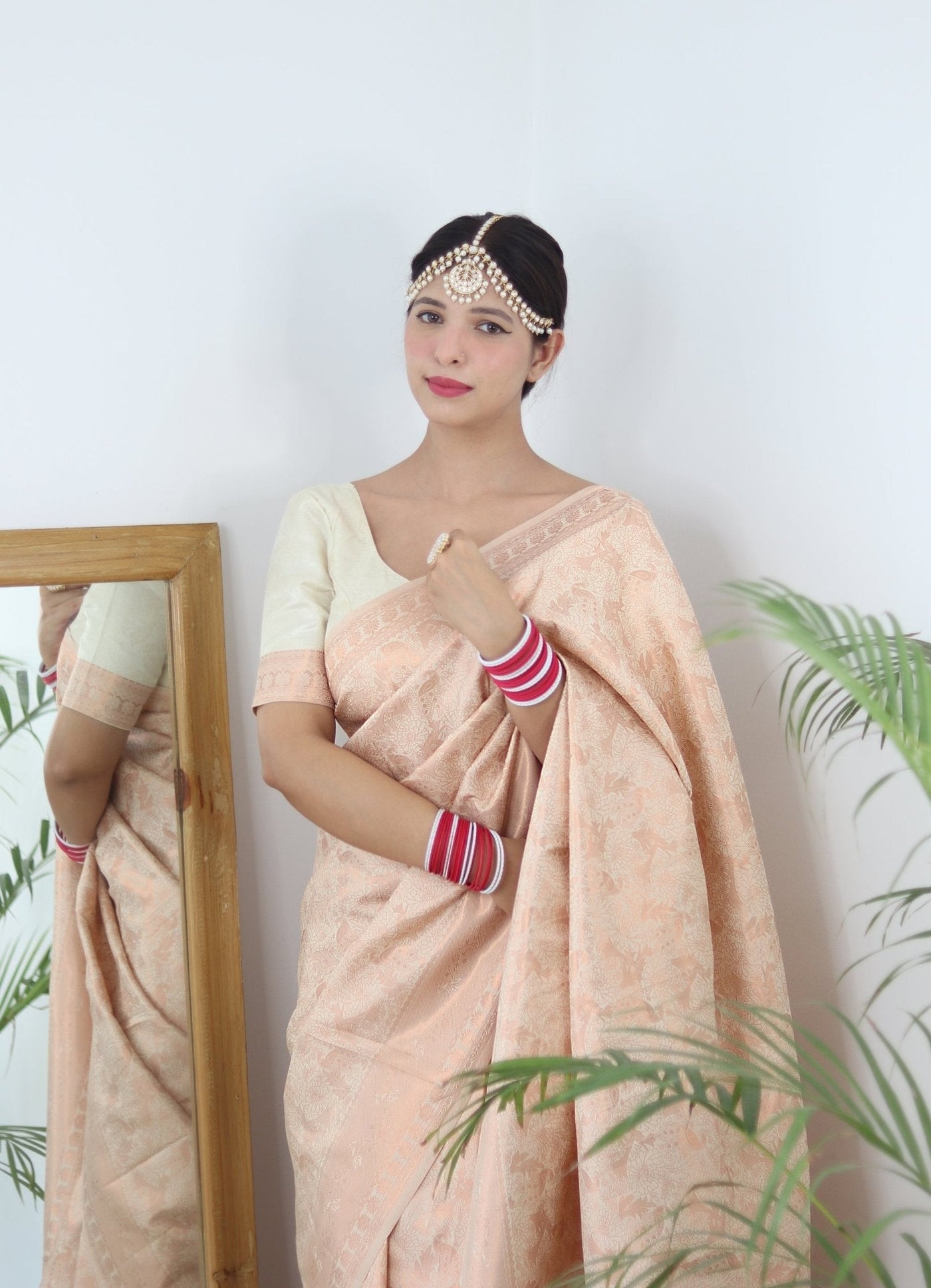 Cream Shades beautiful Flower Pure Satin Silk Saree With Designer Blouse - Almaari Fashion