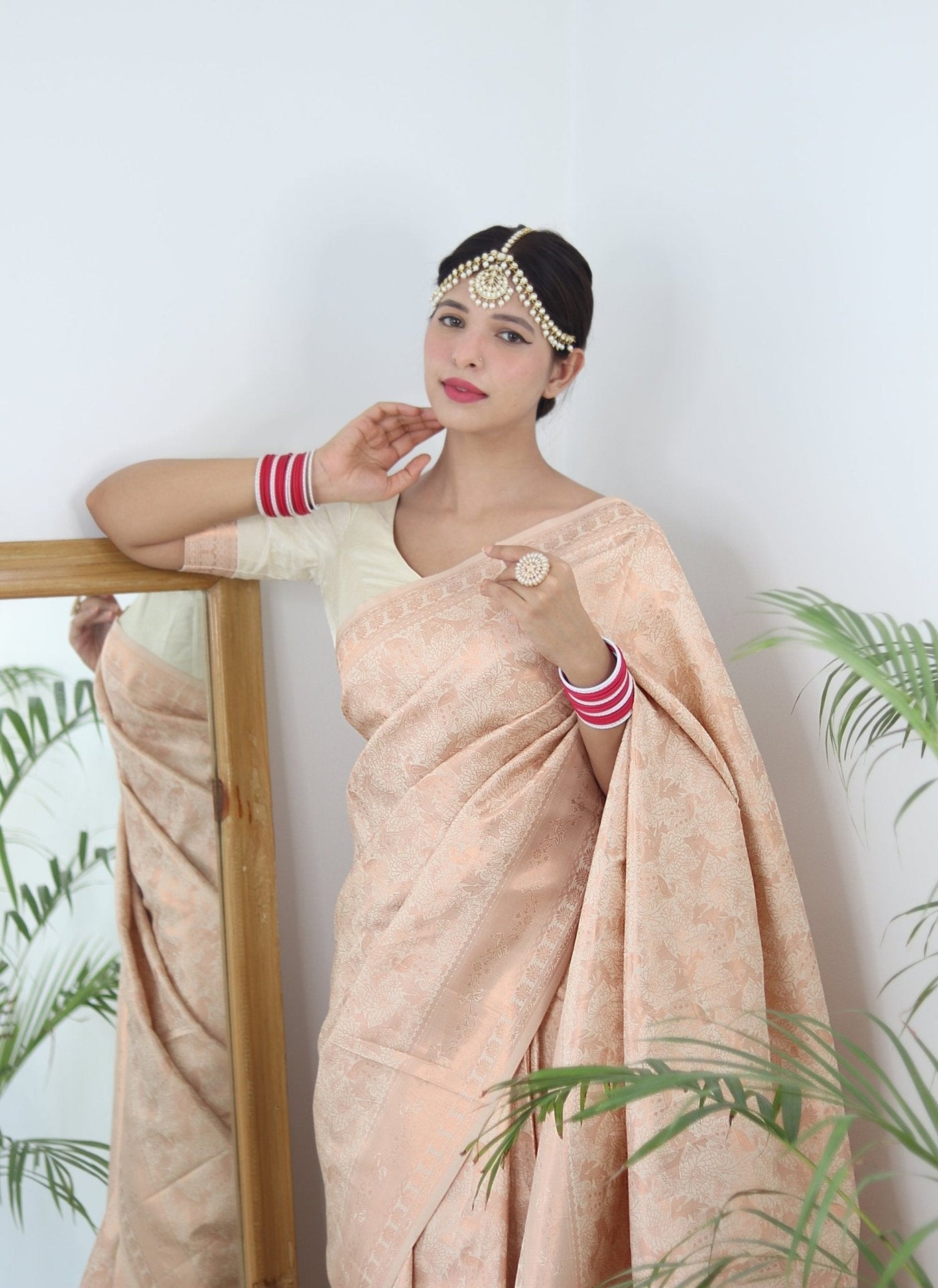 Cream Shades beautiful Flower Pure Satin Silk Saree With Designer Blouse - Almaari Fashion