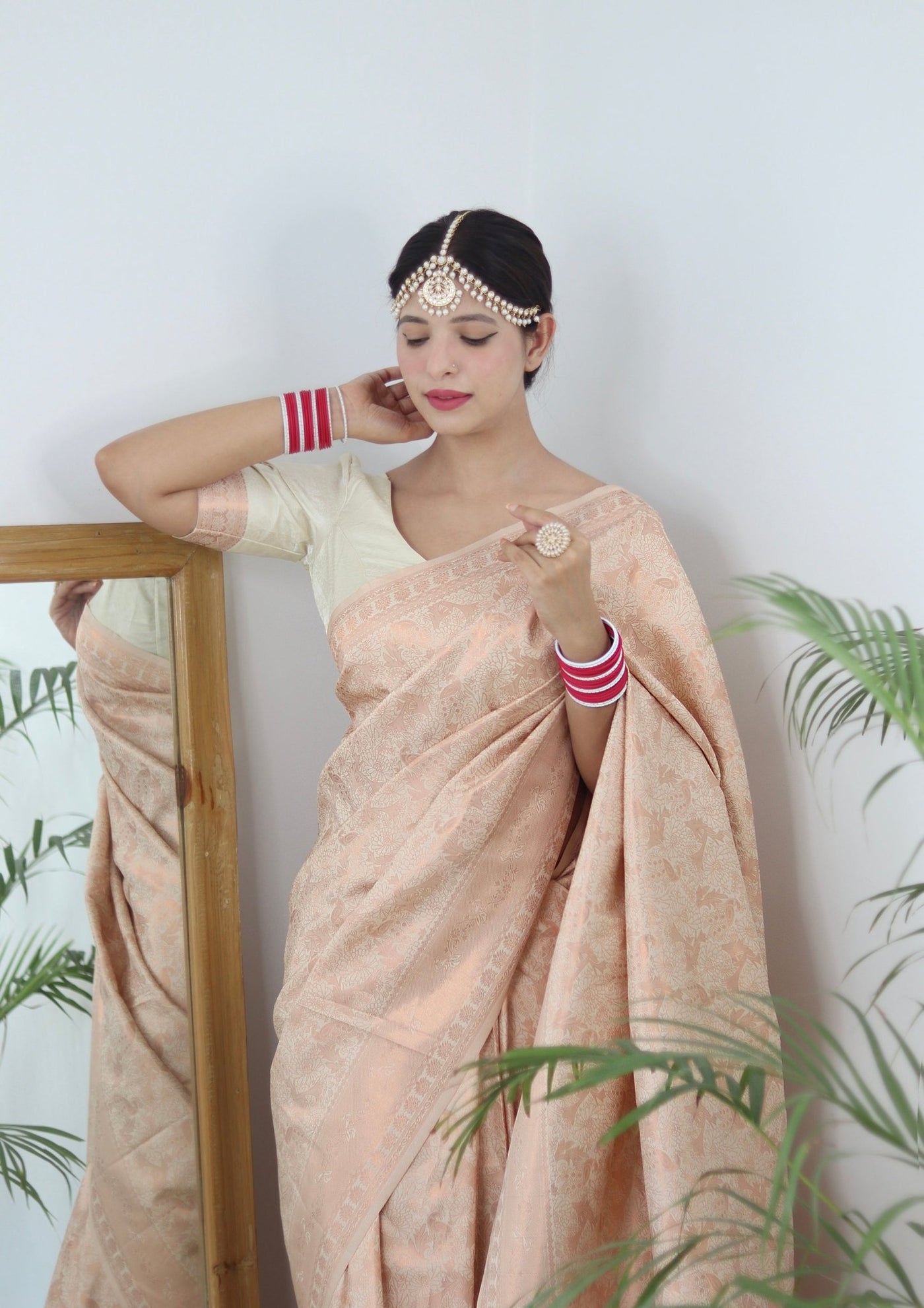 Cream Shades beautiful Flower Pure Satin Silk Saree With Designer Blouse - Almaari Fashion