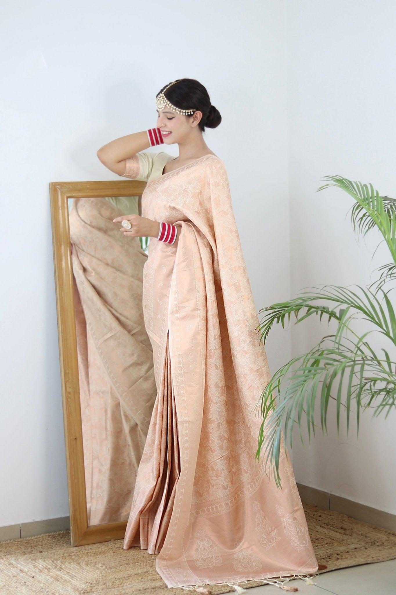 Cream Shades beautiful Flower Pure Satin Silk Saree With Designer Blouse - Almaari Fashion