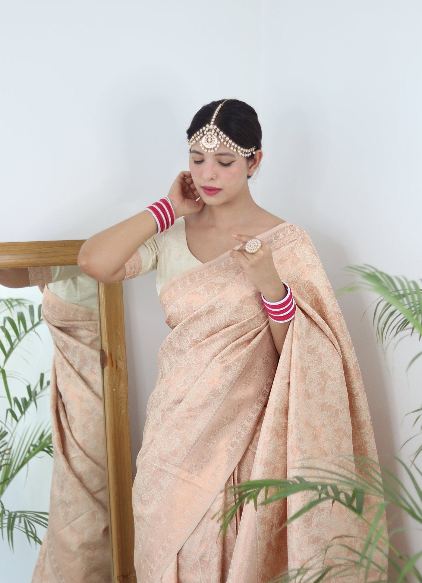 Cream Shades beautiful Flower Pure Satin Silk Saree With Designer Blouse - Almaari Fashion