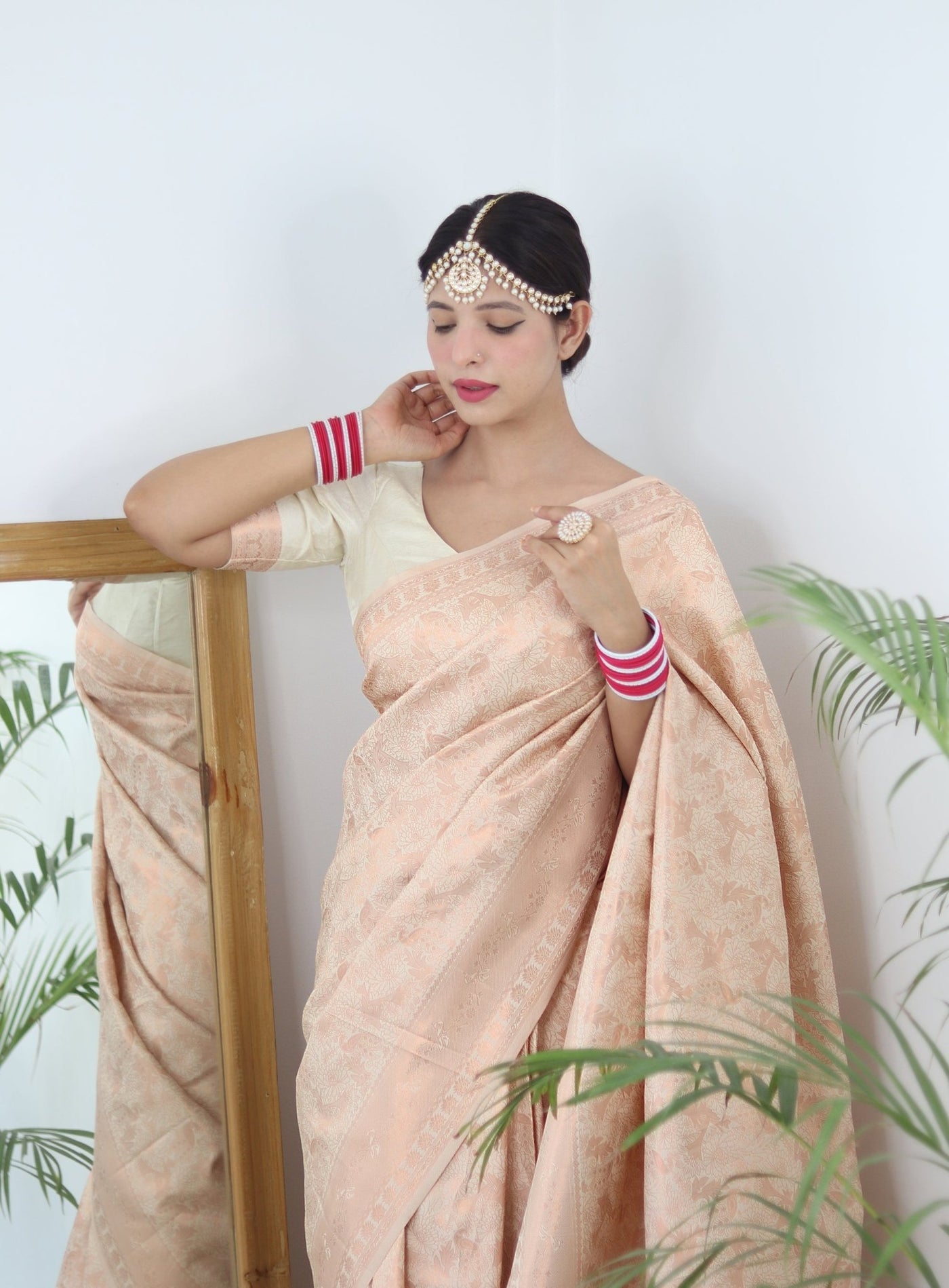 Cream Shades beautiful Flower Pure Satin Silk Saree With Designer Blouse - Almaari Fashion