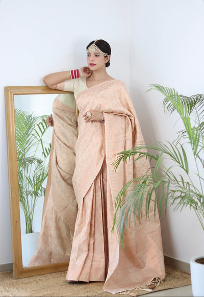 Cream Shades beautiful Flower Pure Satin Silk Saree With Designer Blouse - Almaari Fashion