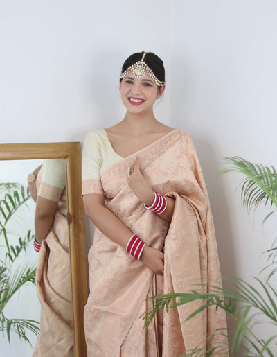 Cream Shades beautiful Flower Pure Satin Silk Saree With Designer Blouse - Almaari Fashion