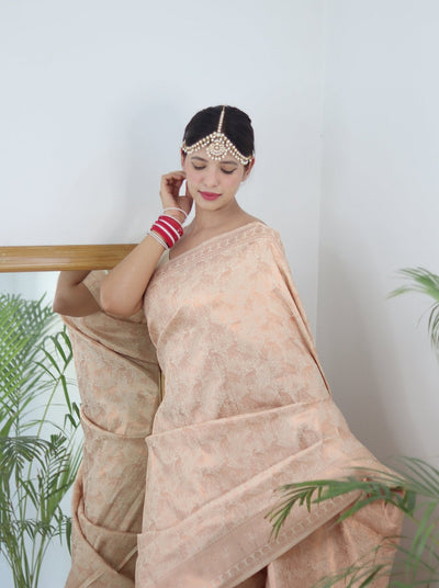 Cream Shades beautiful Flower Pure Satin Silk Saree With Designer Blouse - Almaari Fashion