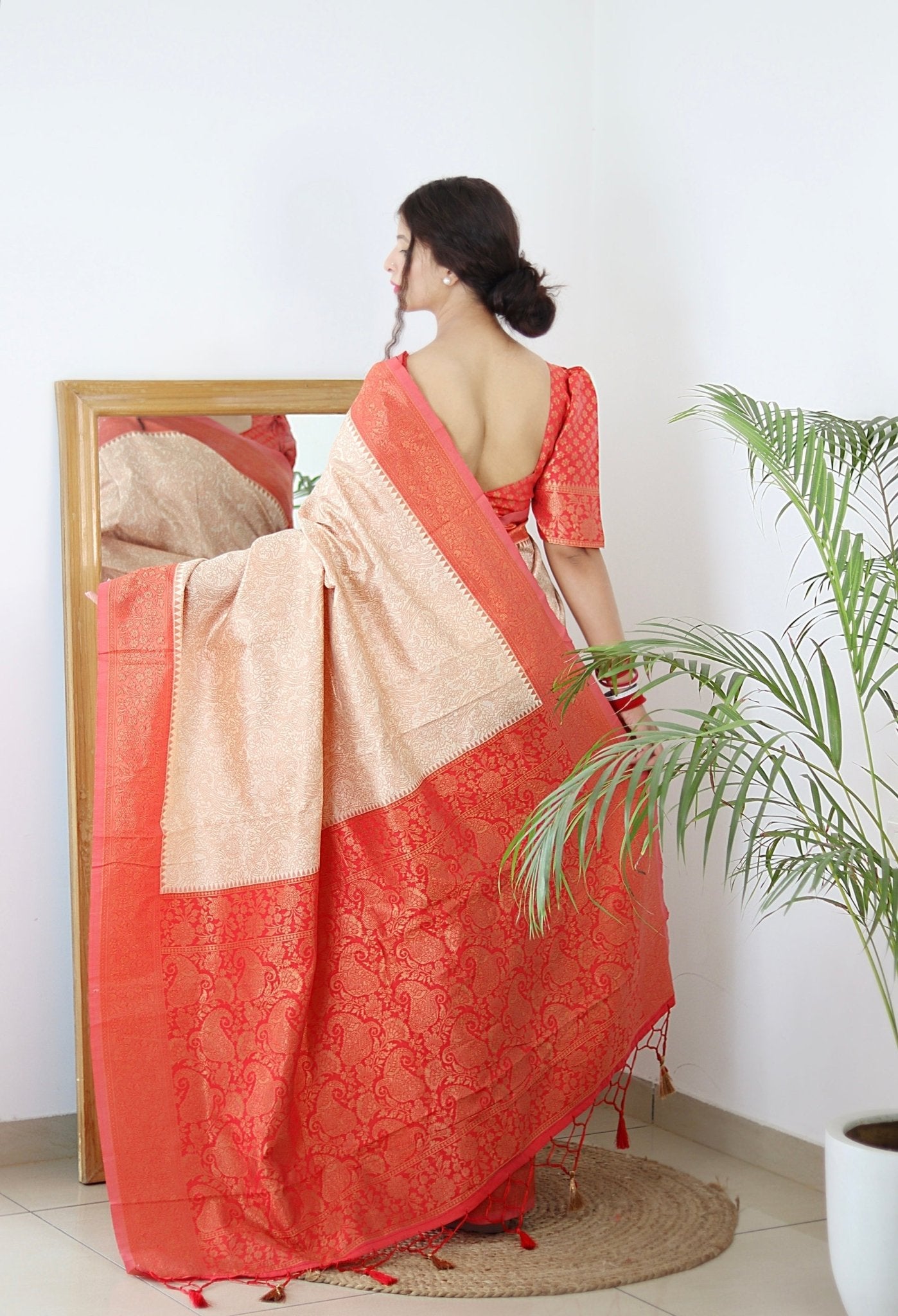 Cream With Orange Border Pure Pure Banarasi Silk With Twirling Blouse Piece - Almaari Fashion