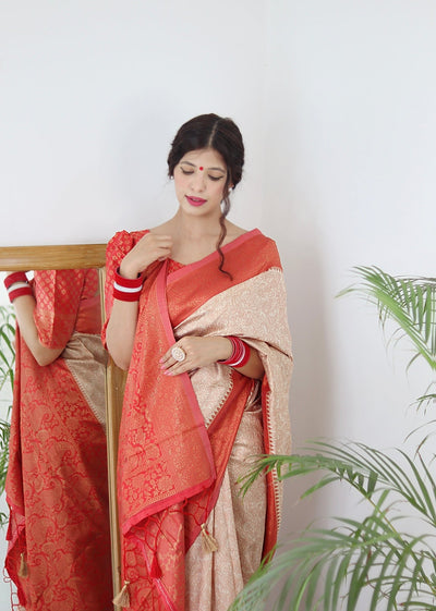 Cream With Orange Border Pure Pure Banarasi Silk With Twirling Blouse Piece - Almaari Fashion