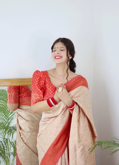 Cream With Orange Border Pure Pure Banarasi Silk With Twirling Blouse Piece - Almaari Fashion