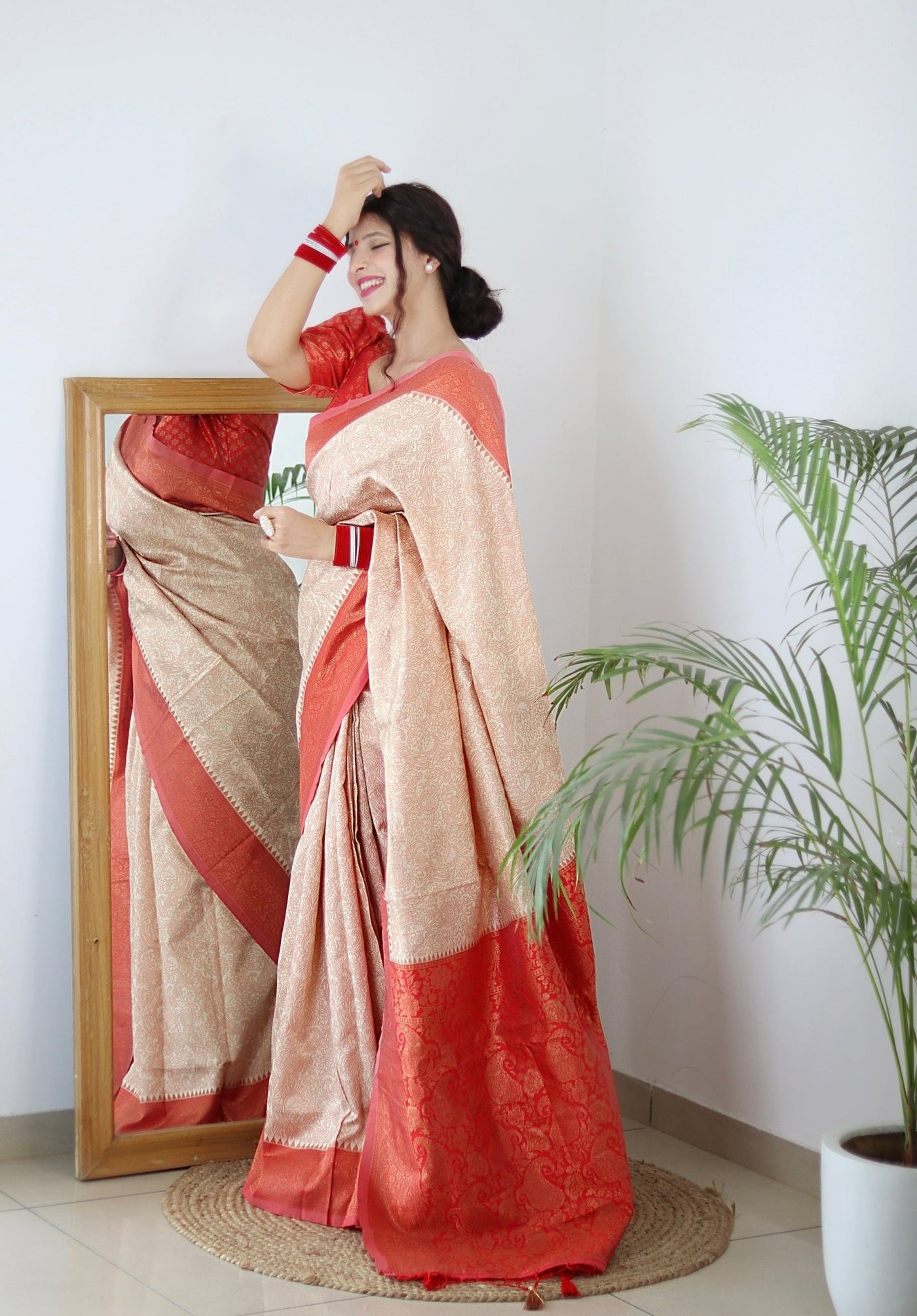 Cream With Orange Border Pure Pure Banarasi Silk With Twirling Blouse Piece - Almaari Fashion