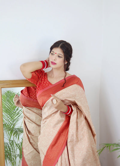 Cream With Orange Border Pure Pure Banarasi Silk With Twirling Blouse Piece - Almaari Fashion