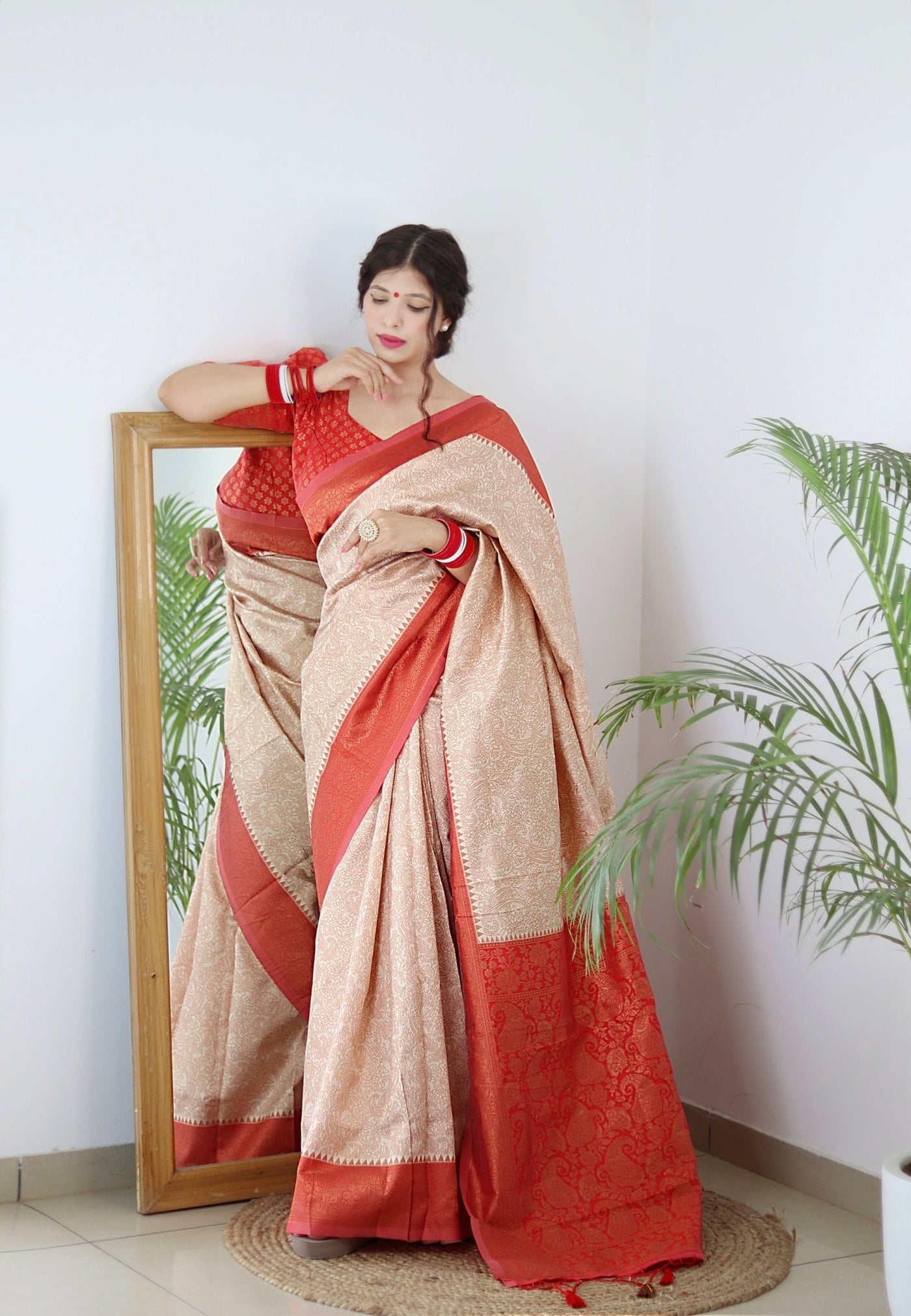 Cream With Orange Border Pure Pure Banarasi Silk With Twirling Blouse Piece - Almaari Fashion