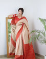 Cream With Orange Border Pure Kanjivaram Silk With Twirling Blouse Piece