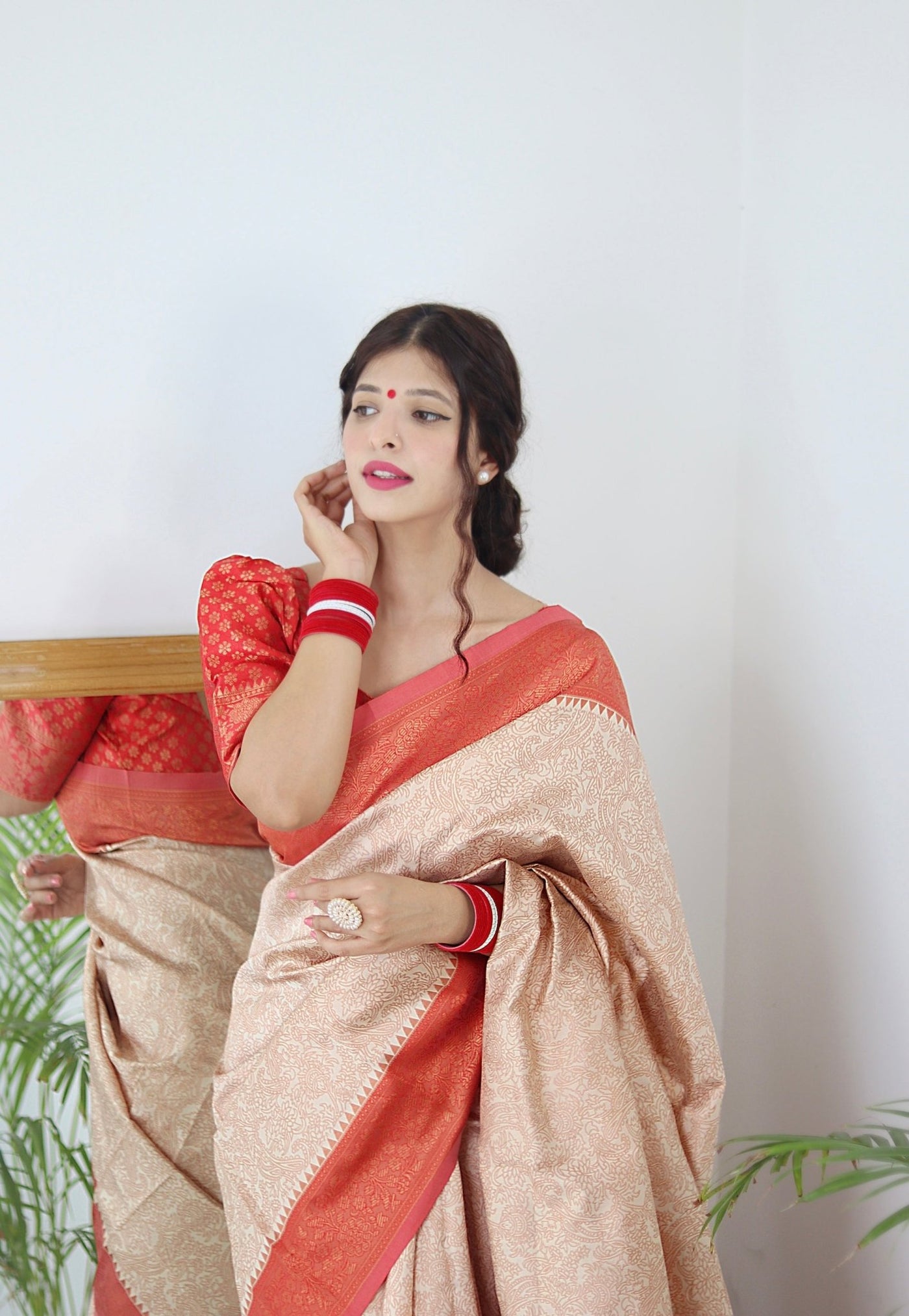 Cream With Orange Border Pure Pure Banarasi Silk With Twirling Blouse Piece - Almaari Fashion