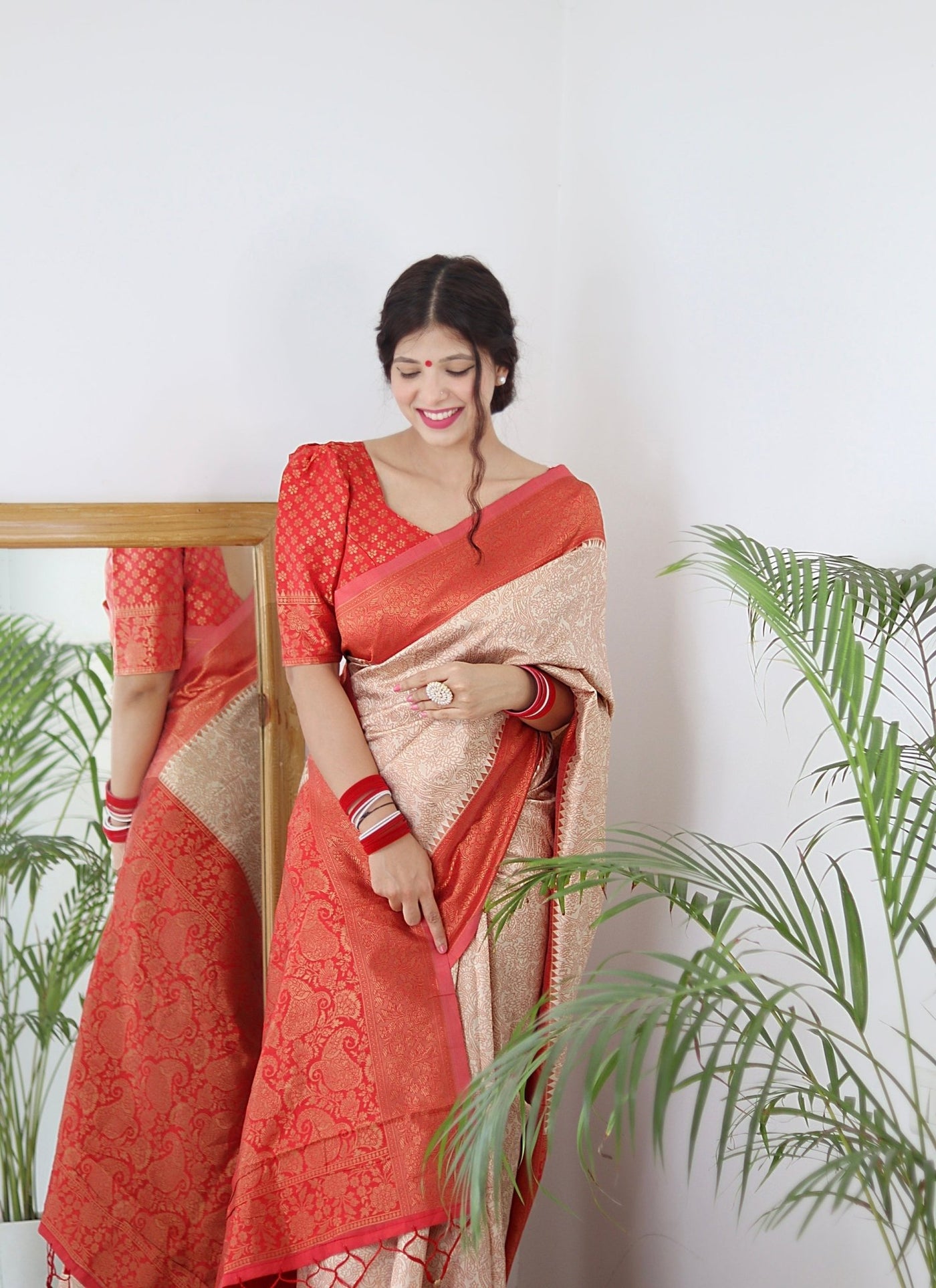 Cream With Orange Border Pure Pure Banarasi Silk With Twirling Blouse Piece - Almaari Fashion