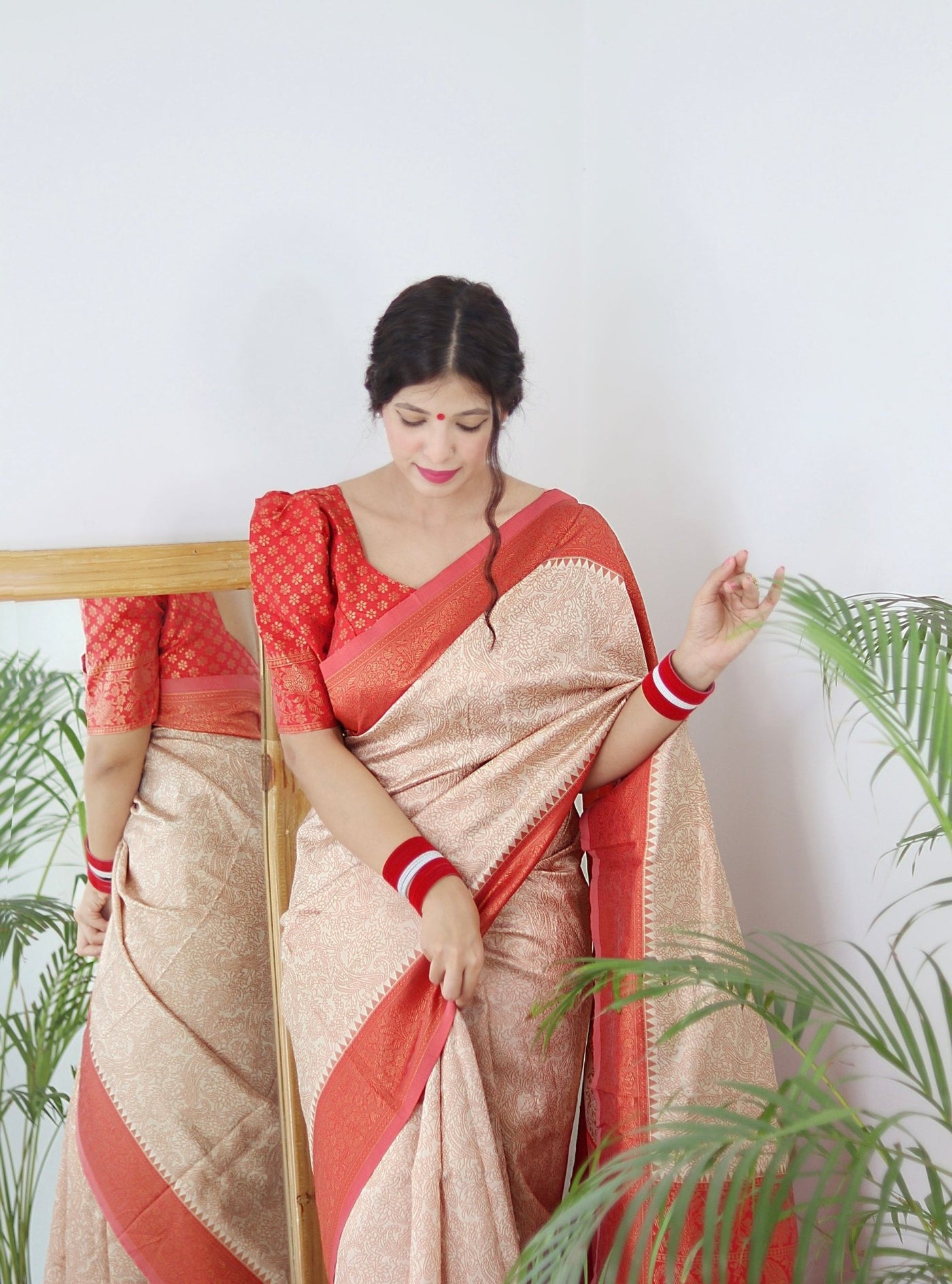 Cream With Orange Border Pure Pure Banarasi Silk With Twirling Blouse Piece - Almaari Fashion