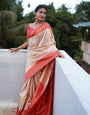 Cream With Peach Colour Soft Silk Saree With Twirling Blouse Piece