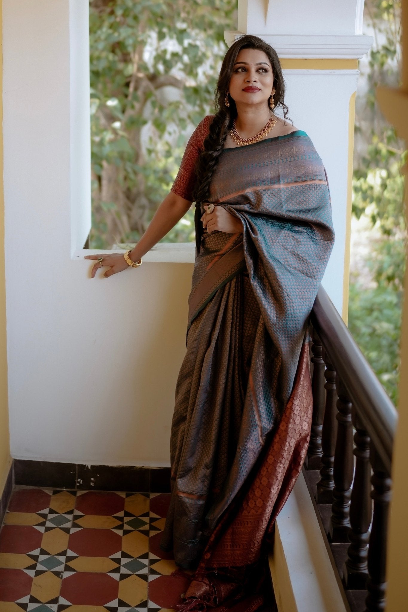 Dark Firozi Saree With Maroon Combination Comes With Attached Blouse - Almaari Fashion