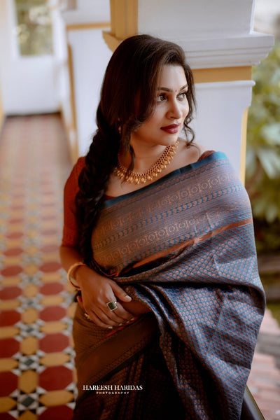 Dark Firozi Saree With Maroon Combination Comes With Attached Blouse - Almaari Fashion