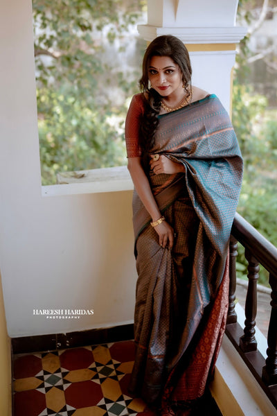 Dark Firozi Saree With Maroon Combination Comes With Attached Blouse - Almaari Fashion