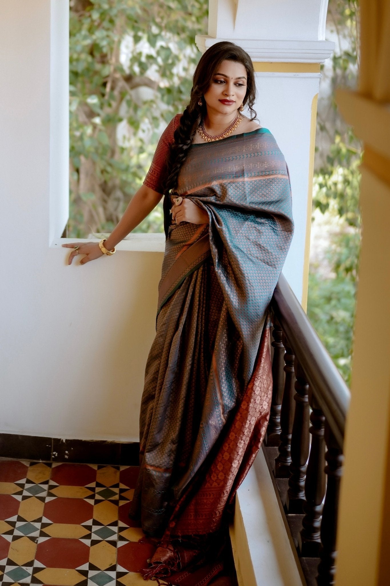 Dark Firozi Saree With Maroon Combination Comes With Attached Blouse - Almaari Fashion