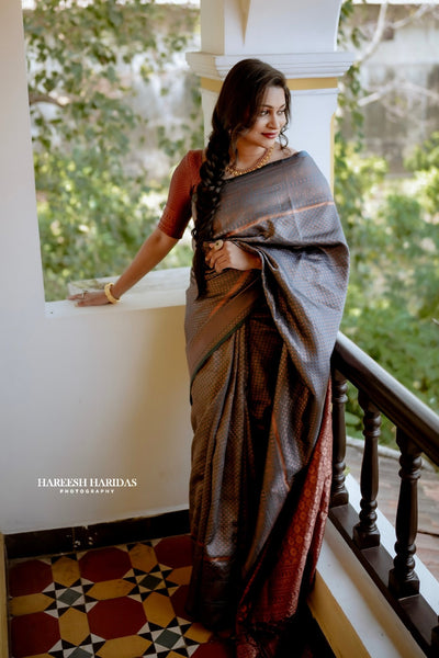 Dark Firozi Saree With Maroon Combination Comes With Attached Blouse - Almaari Fashion