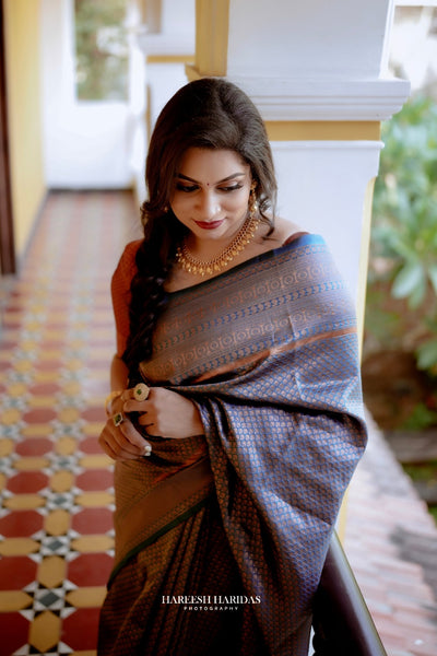 Dark Firozi Saree With Maroon Combination Comes With Attached Blouse - Almaari Fashion