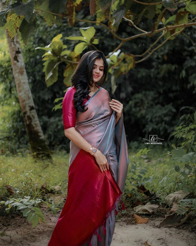 Dark Firozi Saree With Maroon Combination Comes With Attached Blouse - Almaari Fashion