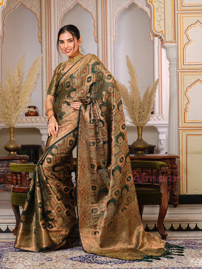 Dark Green Color Pure Organza Saree Adorned with Zari Weaving, Complete with Matching Blouse Piece - Almaari Fashion