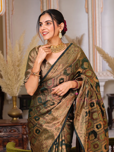 Dark Green Color Pure Organza Saree Adorned with Zari Weaving, Complete with Matching Blouse Piece - Almaari Fashion