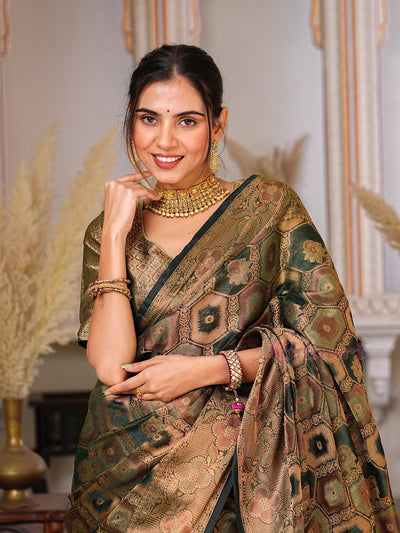 Dark Green Color Pure Organza Saree Adorned with Zari Weaving, Complete with Matching Blouse Piece - Almaari Fashion