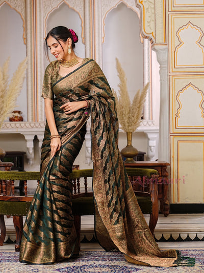 Dark Green Color Pure Organza Saree Adorned with Zari Weaving, Complete with Matching Blouse Piece - Almaari Fashion