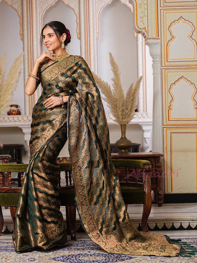 Dark Green Color Pure Organza Saree Adorned with Zari Weaving, Complete with Matching Blouse Piece - Almaari Fashion