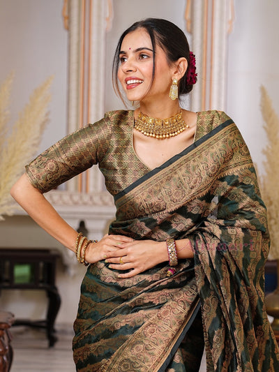 Dark Green Color Pure Organza Saree Adorned with Zari Weaving, Complete with Matching Blouse Piece - Almaari Fashion