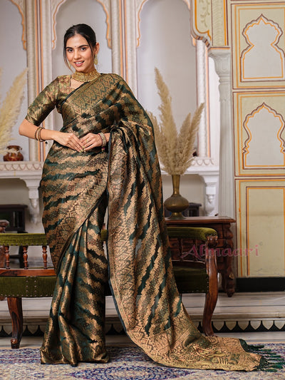 Dark Green Color Pure Organza Saree Adorned with Zari Weaving, Complete with Matching Blouse Piece - Almaari Fashion