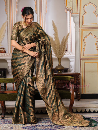 Dark Green Color Pure Organza Saree Adorned with Zari Weaving, Complete with Matching Blouse Piece - Almaari Fashion