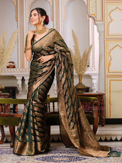 Dark Green Color Pure Organza Saree Adorned with Zari Weaving, Complete with Matching Blouse Piece - Almaari Fashion