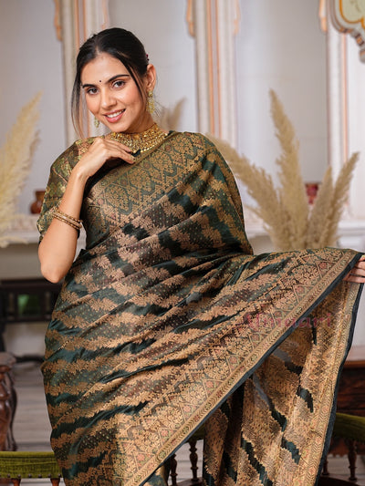 Dark Green Color Pure Organza Saree Adorned with Zari Weaving, Complete with Matching Blouse Piece - Almaari Fashion