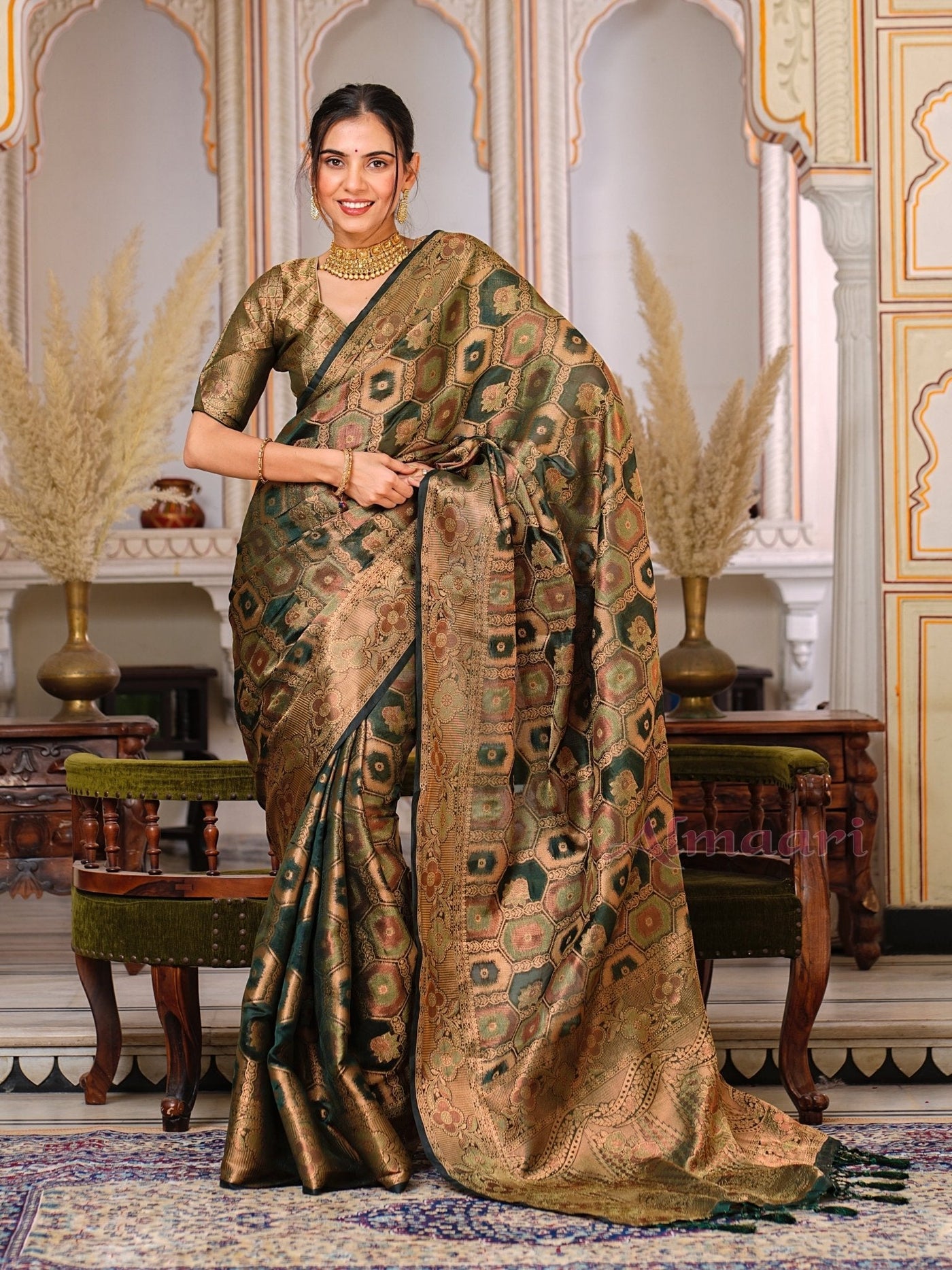 Dark Green Color Pure Organza Saree Adorned with Zari Weaving, Complete with Matching Blouse Piece - Almaari Fashion