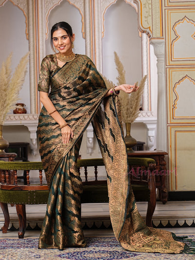 Dark Green Color Pure Organza Saree Adorned with Zari Weaving, Complete with Matching Blouse Piece - Almaari Fashion