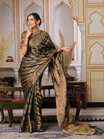 Dark Green Color Pure Organza Saree Adorned with Zari Weaving, Complete with Matching Blouse Piece - Almaari Fashion