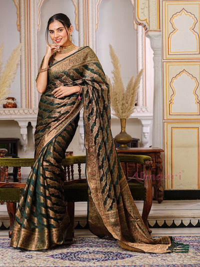 Dark Green Color Pure Organza Saree Adorned with Zari Weaving, Complete with Matching Blouse Piece - Almaari Fashion