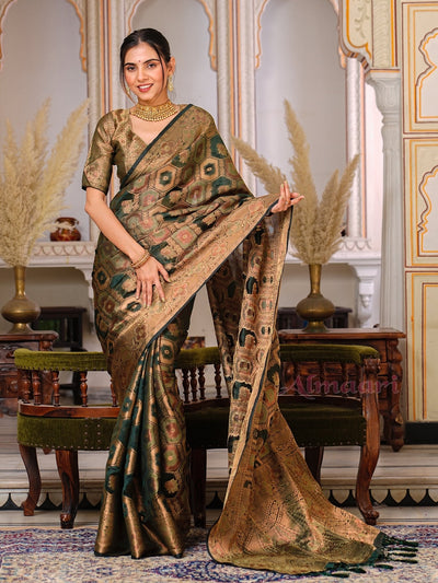 Dark Green Color Pure Organza Saree Adorned with Zari Weaving, Complete with Matching Blouse Piece - Almaari Fashion