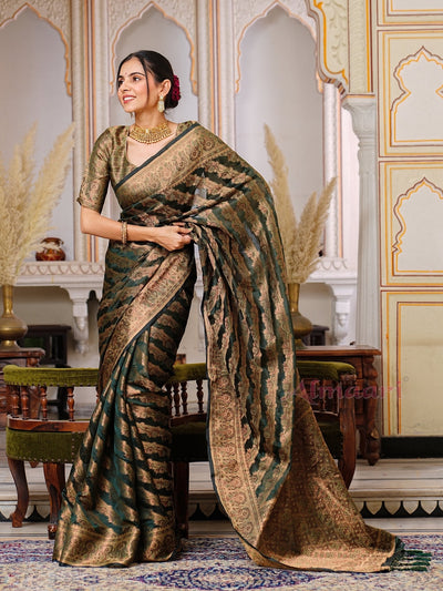 Dark Green Color Pure Organza Saree Adorned with Zari Weaving, Complete with Matching Blouse Piece - Almaari Fashion