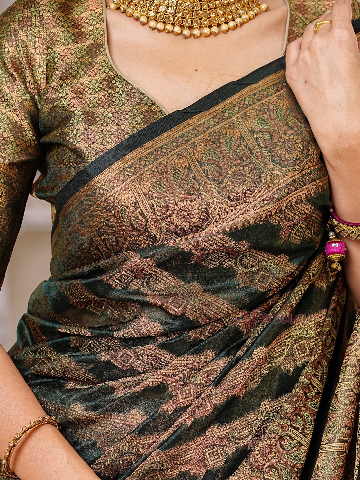 Dark Green Color Pure Organza Saree Adorned with Zari Weaving, Complete with Matching Blouse Piece - Almaari Fashion