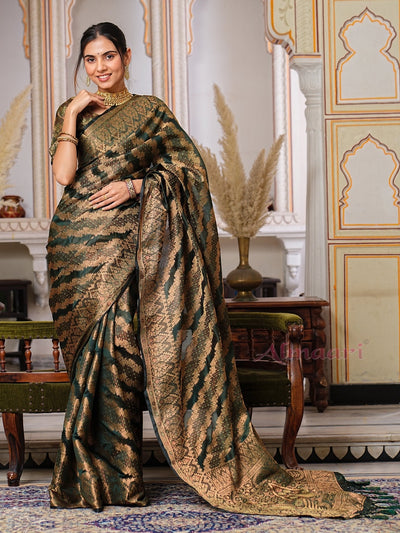 Dark Green Color Pure Organza Saree Adorned with Zari Weaving, Complete with Matching Blouse Piece - Almaari Fashion