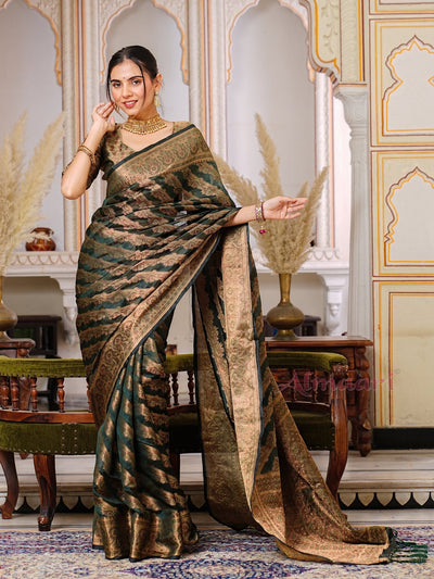 Dark Green Color Pure Organza Saree Adorned with Zari Weaving, Complete with Matching Blouse Piece - Almaari Fashion