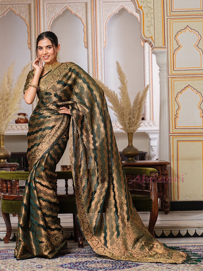 Dark Green Color Pure Organza Saree Adorned with Zari Weaving, Complete with Matching Blouse Piece - Almaari Fashion